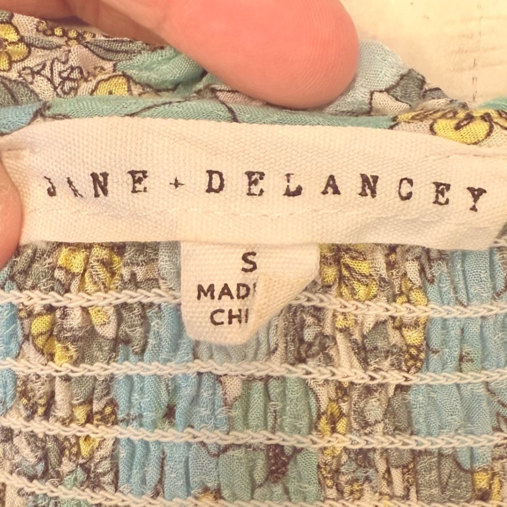Jane + Delancey Cottage blue yellow floral Peasant Blouse Smocked small romantic - Picture 4 of 11